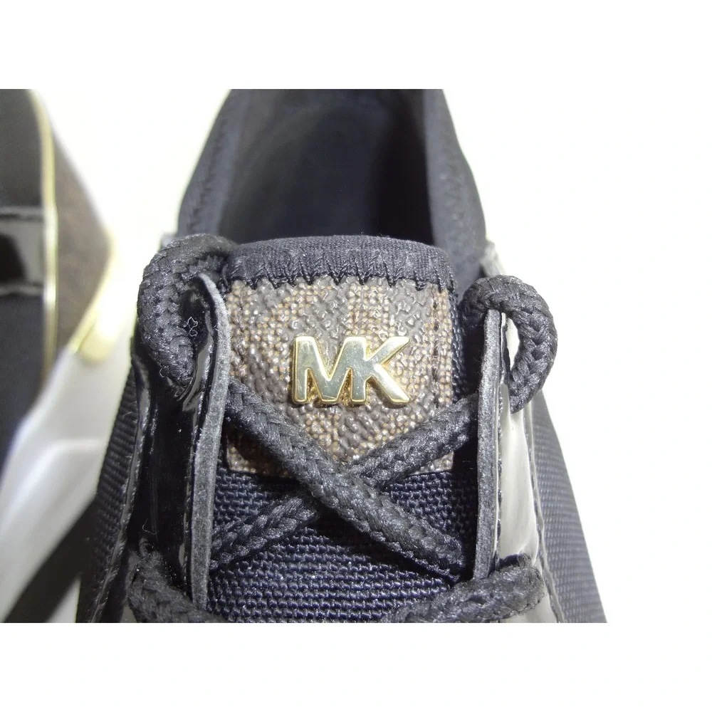Michael Kors Women's 7M Liv Mixed Media Trainer Black Wedge Sneakers Gold Accent